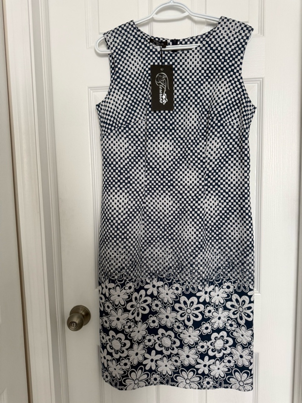 NEW Sleeveless Navy and White Stretch Cotton Printed Shift Dress Size L